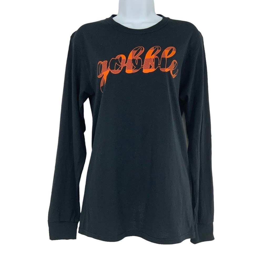 Gobble Spell Out Women’s Fall Black Orange Long Sleeve T-Shirt